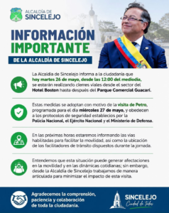 Anuncian cierres viales desde este martes por visita del presidente Petro a Sincelejo